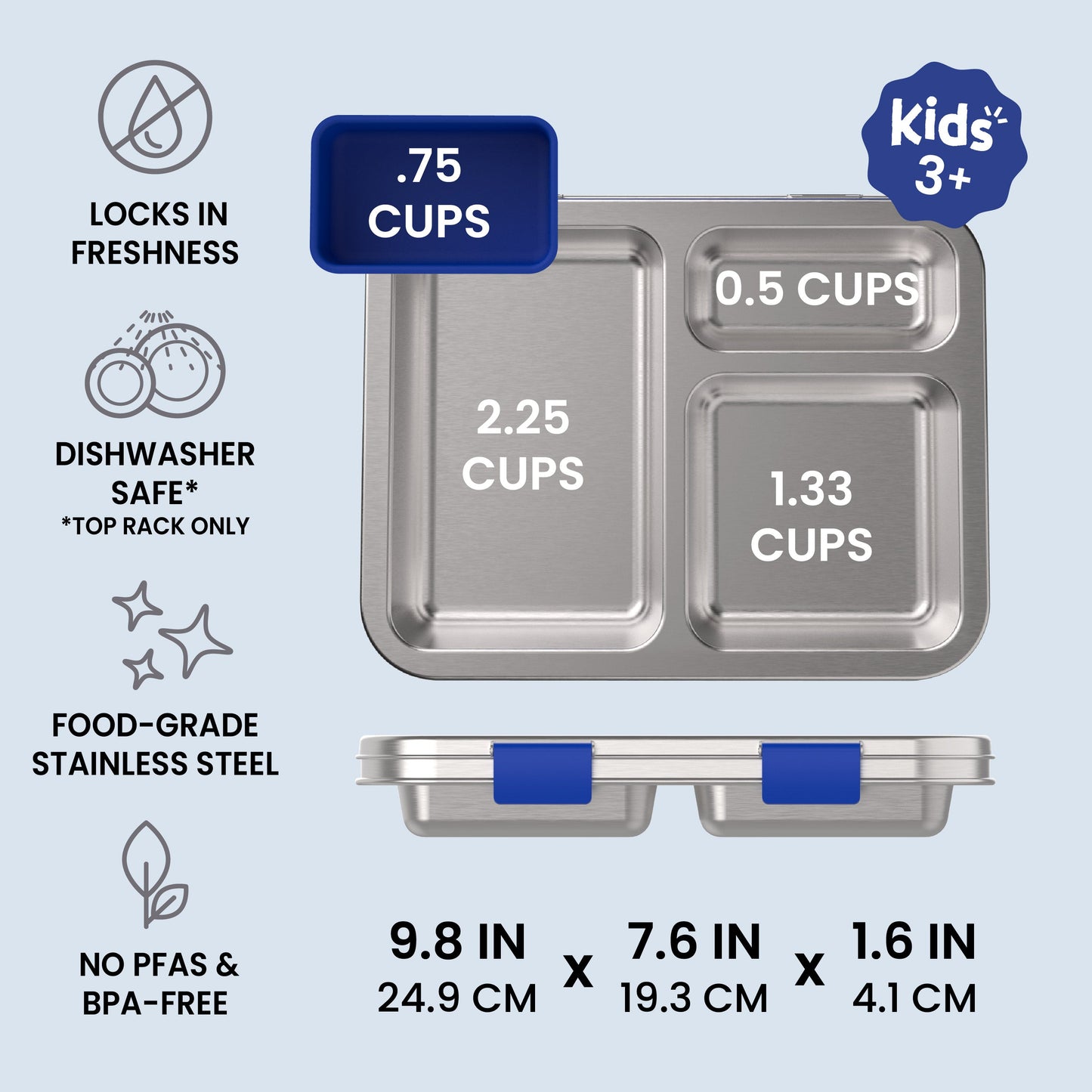 Bentgo® Kids Stainless Steel Prints Lunch Box - Sharks | Locks In Freshness, Dishwasher Safe (Top Rack Only), Food-Grade Stainless Steel, and No PFAS & BPA-Free | Product Dimensions