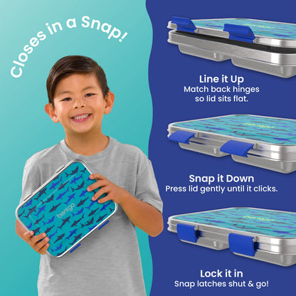 Bentgo® Kids Stainless Steel Prints Lunch Box - Sharks | Closes in a Snap | Line It Up - Match Back Hinges So Lid Sits Flat, Snap It Down - Press Lid Gently Until It Clicks, Lock It In - Snap Latches Shut & Go