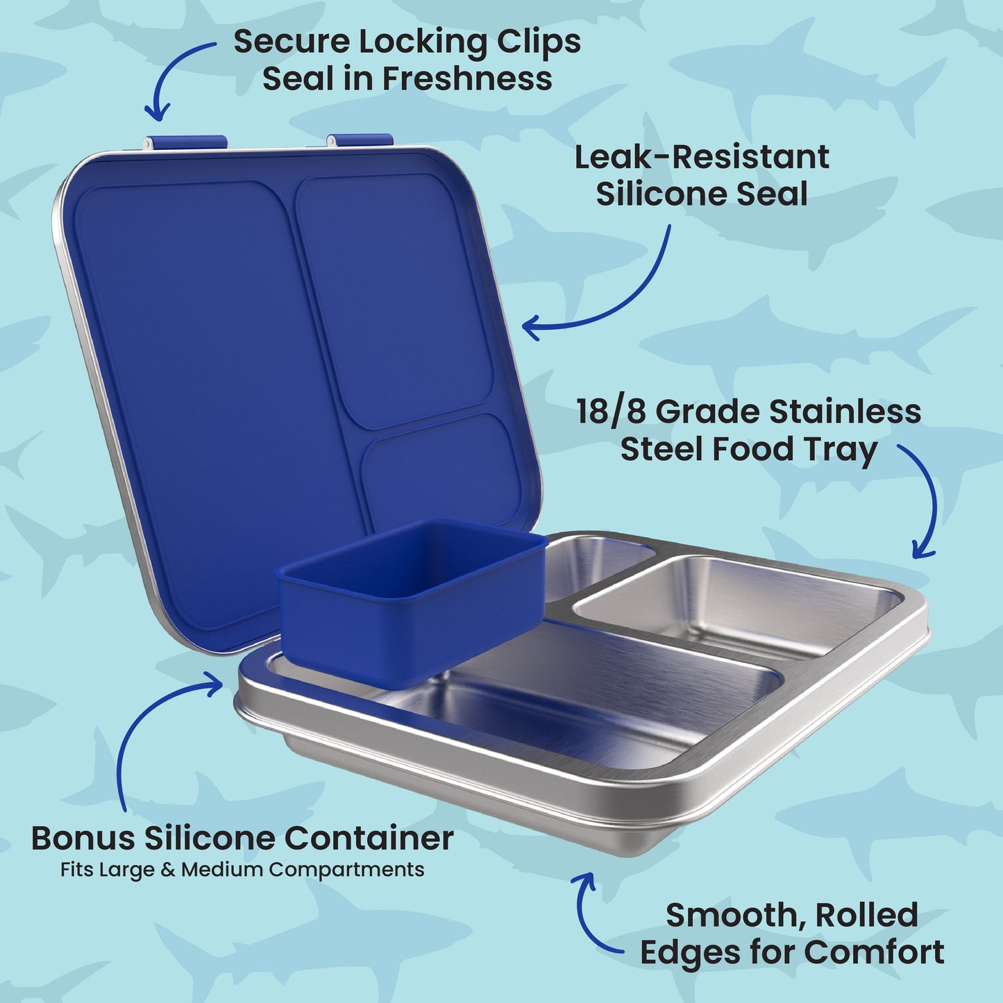 Bentgo® Kids Stainless Steel Prints Lunch Box - Sharks | Secure Locking Clips - Seals In Freshness, Leak-Resistant Silicone Seal, 18/8 Grade Stainless Steel Food Tray, Smooth Rolled Edges For Comfort, Bonus Silicone Container - Fits Large & Medium Compartments