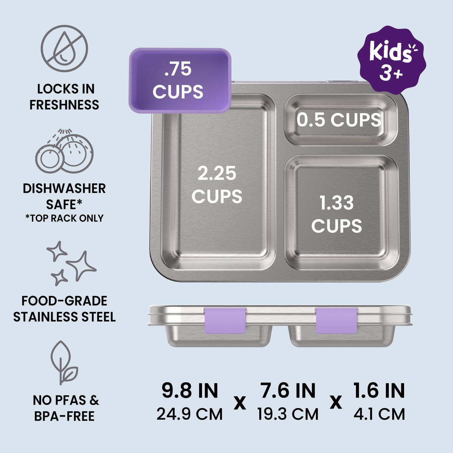 Bentgo® Kids Stainless Steel Prints Lunch Box - Unicorn | Locks In Freshness, Dishwasher Safe (Top Rack Only), Food-Grade Stainless Steel, and No PFAS & BPA-Free | Product Dimensions