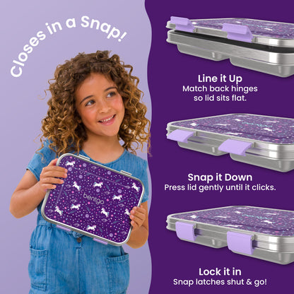 Bentgo® Kids Stainless Steel Prints Lunch Box - Unicorn | Closes in a Snap | Line It Up - Match Back Hinges So Lid Sits Flat, Snap It Down - Press Lid Gently Until It Clicks, Lock It In - Snap Latches Shut & Go