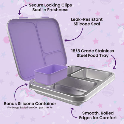 Bentgo® Kids Stainless Steel Prints Lunch Box - Unicorn | Secure Locking Clips - Seals In Freshness, Leak-Resistant Silicone Seal, 18/8 Grade Stainless Steel Food Tray, Smooth Rolled Edges For Comfort, Bonus Silicone Container - Fits Large & Medium Compartments